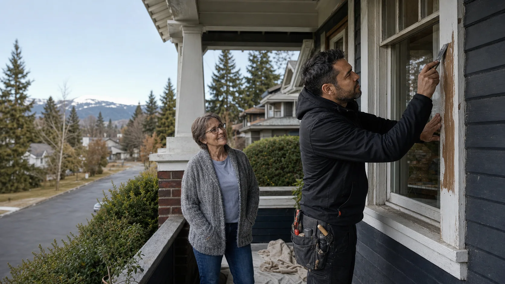 Window-trim repair at a Craftsman home in an Inland Northwest neighborhood