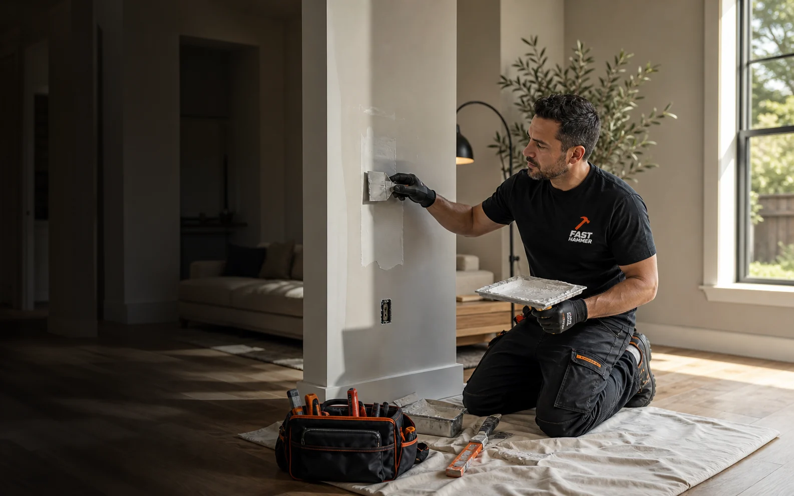 Fast Hammer professional repairing drywall in a bright home