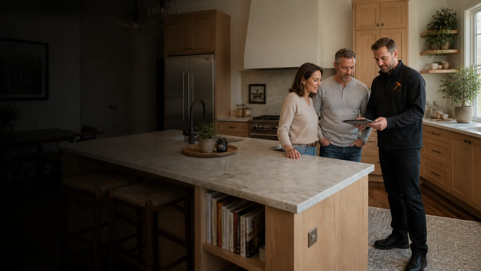 Homeowners reviewing a finished kitchen remodel