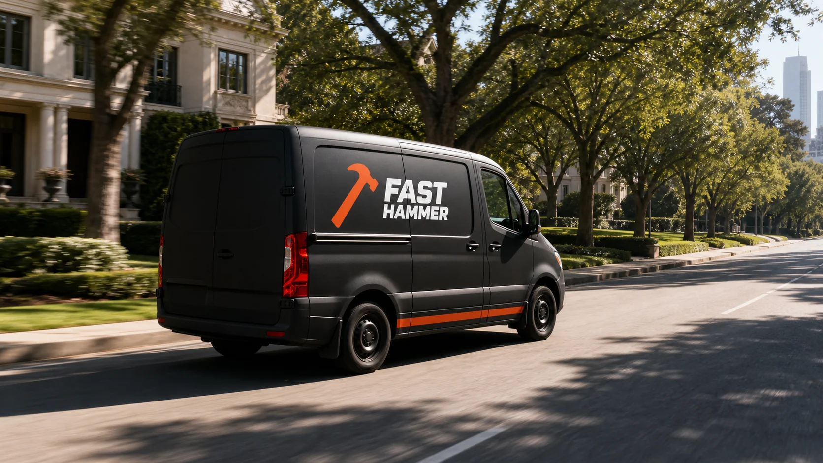 Fast Hammer service van driving through a Dallas neighborhood